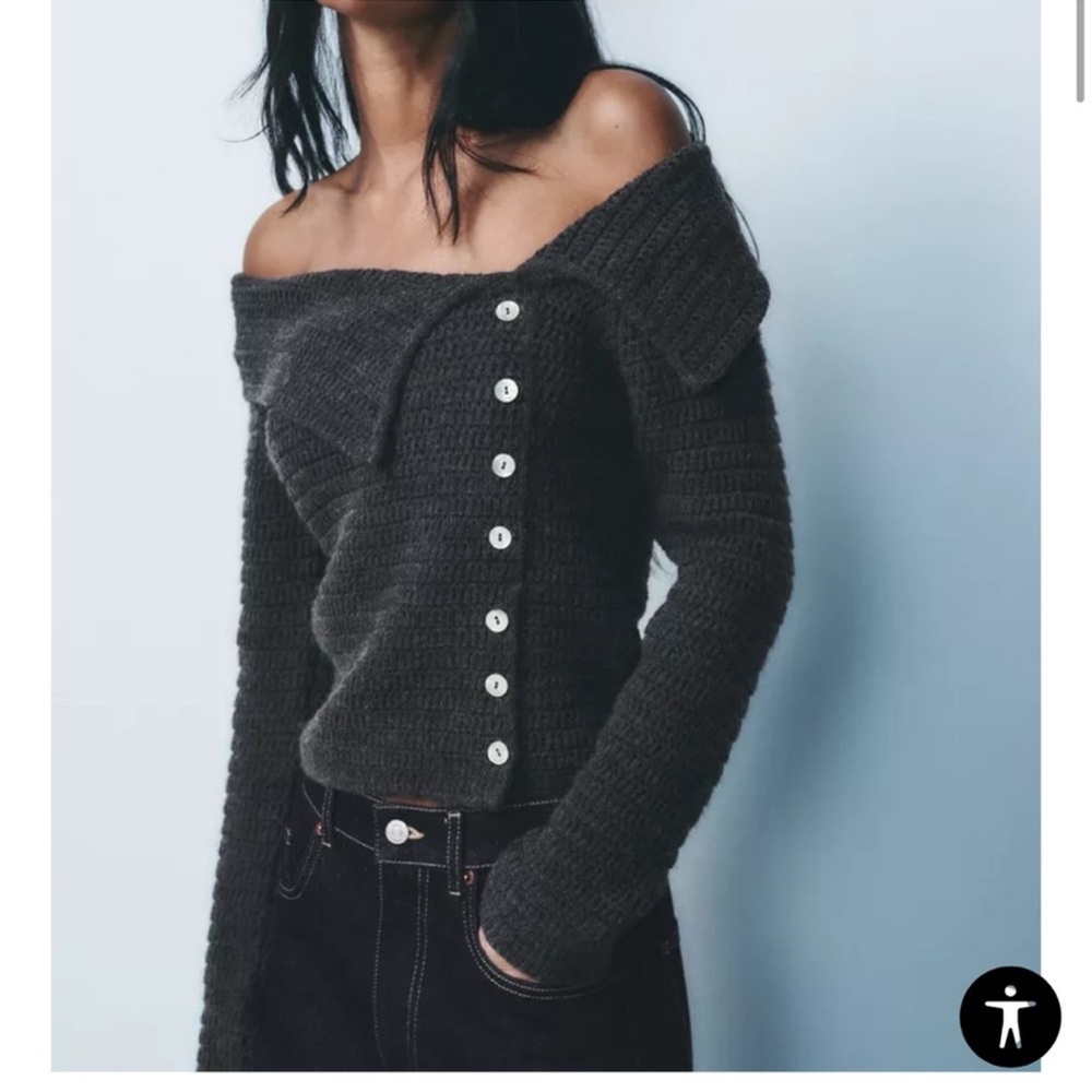 Zara Charcoal Off-Shoulder Sweater with Buttons